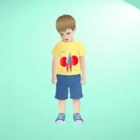 Ilustracja dziecka z bólem nerek oraz przedstawienie nerek przy ogniskowym segmentalnym stwardnieniu kłębuszków nerkowych (FSGS)